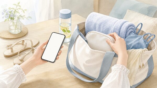 スマホで確認しながらナイトプールの持ち物をバッグに準備している様子