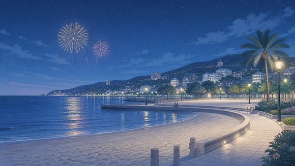 熱海湾沿いの観覧場所をイメージしたサンビーチ周辺のやさしいイラスト