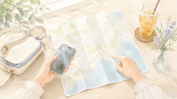 日帰り旅行の移動時間や行き先を地図で考える様子