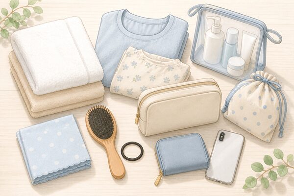 日帰り温泉に必要なタオルや着替え、ポーチ、スキンケア用品を並べたやさしいイラスト
