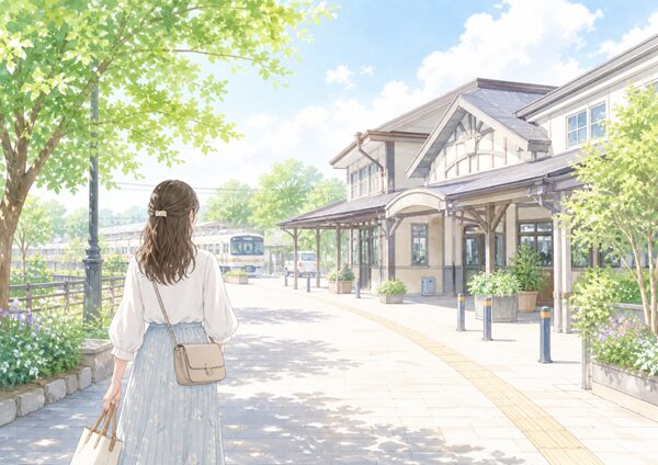 関西で日帰りお出かけを考える女性が駅前で行き先を選ぶやさしいイラスト