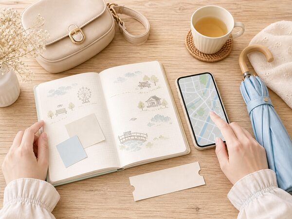 手帳とスマホを見ながら関西の日帰りお出かけ先を選ぶやさしいイラスト