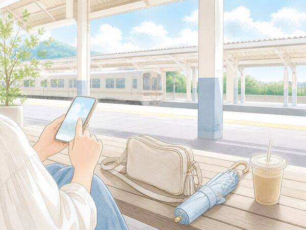 駅前でスマホを確認しながら電車の日帰りお出かけを準備するやさしいイラスト
