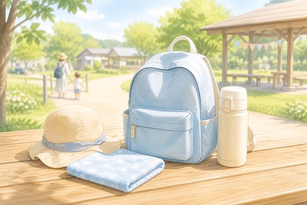 夏休みやGWの子連れ日帰りお出かけに向けて水筒や帽子を準備しているイラスト