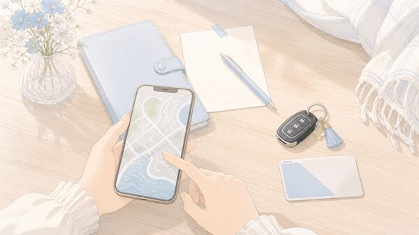 熊野大花火大会へ行く前にアクセスや交通規制を確認するイメージイラスト