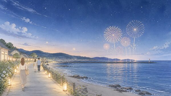 熊野大花火大会の会場となる海岸沿いをイメージしたやさしいイラスト