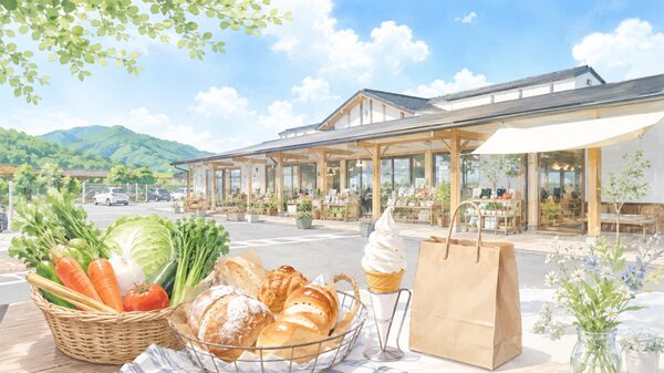 道の駅でご当地グルメやお土産を楽しむイメージ