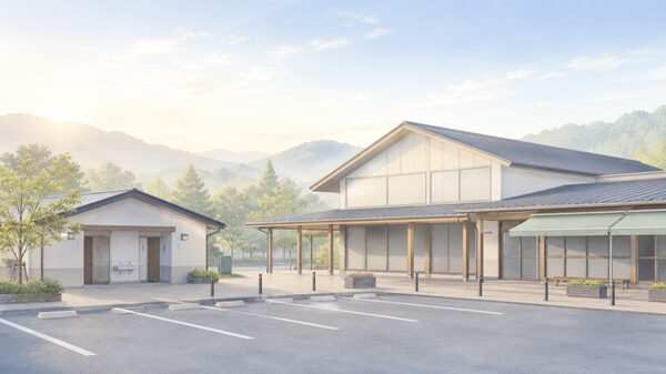 道の駅の駐車場やトイレ、売店など設備ごとの違いをイメージしたイラスト