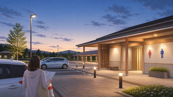 夜間や早朝に道の駅の駐車場とトイレ周辺を確認するイメージイラスト