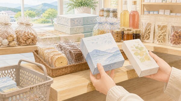 道の駅のお土産コーナーで個包装のお菓子や瓶入り商品を手元で選んでいるやさしいイラスト