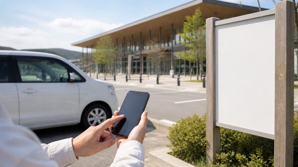 道の駅で車中泊のルールをスマホと案内板で確認する様子