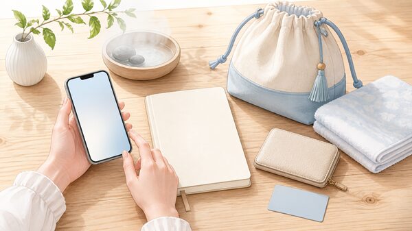 宮城県の日帰り温泉へ行く前にスマホやメモで確認している準備イラスト