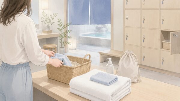 温泉に入る前の脱衣所でタオルやロッカーを確認するイラスト