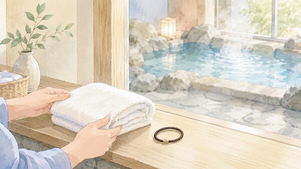 温泉で使うタオルと髪をまとめる準備を表したイラスト