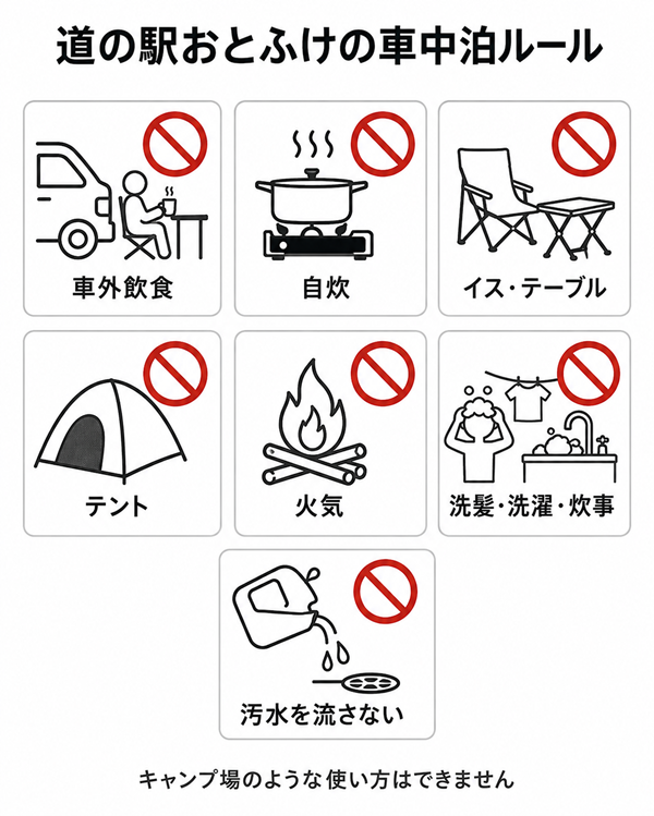 車中泊専用駐車場で禁止される行為の図解