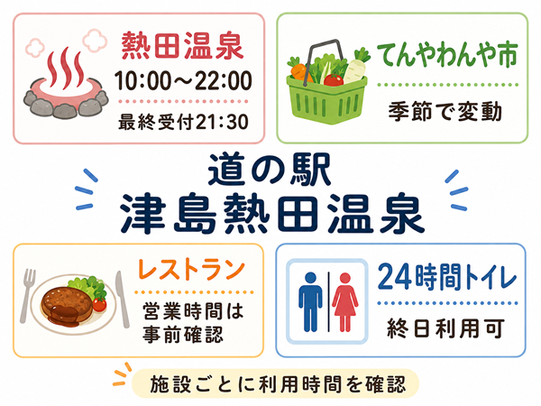 温泉・売店・食事・トイレの利用時間をまとめた図