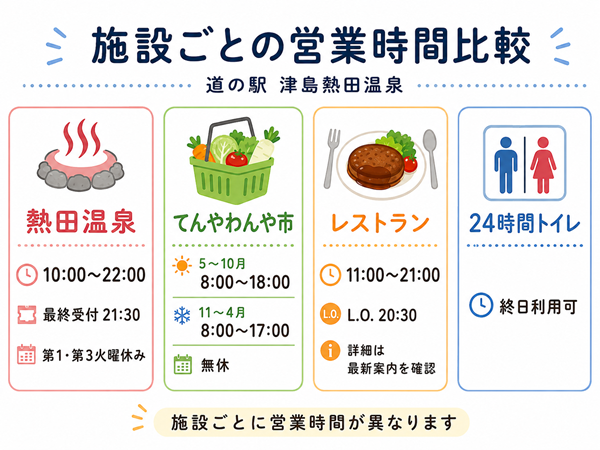 温泉・売店・レストラン・トイレの営業時間比較図