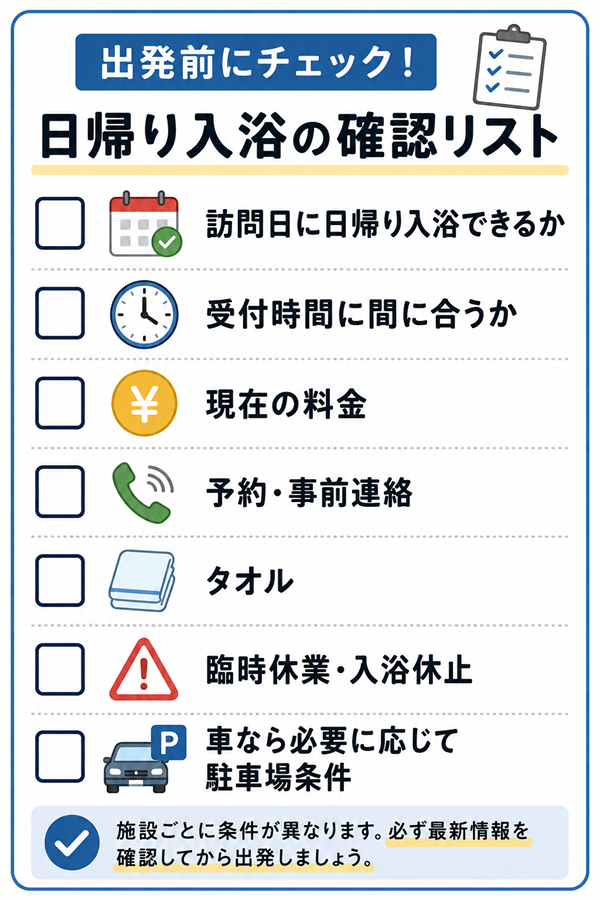 日帰り入浴前に確認する7項目をまとめたチェックリスト