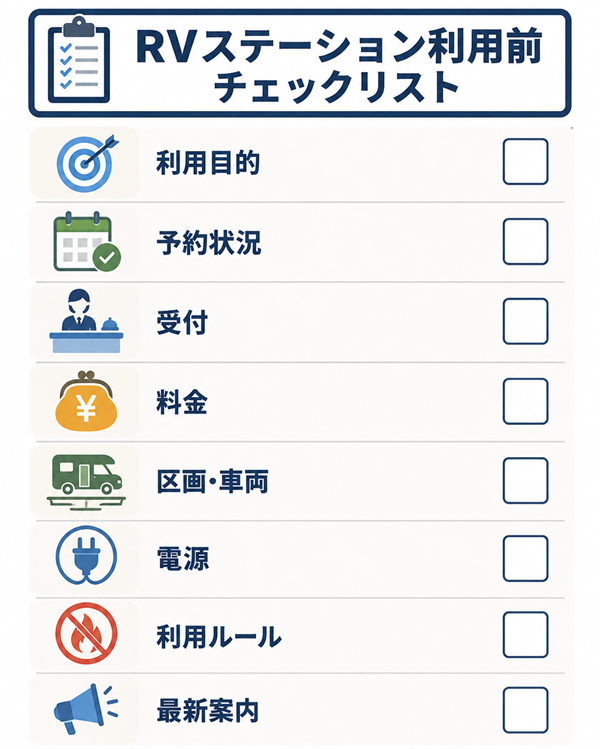 RVステーション利用前に確認する項目をまとめたチェックリスト