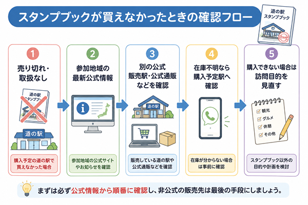 スタンプブックが買えないときの公式確認手順を示す図