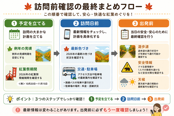 予定作成から出発前までの確認項目を時系列で示す図